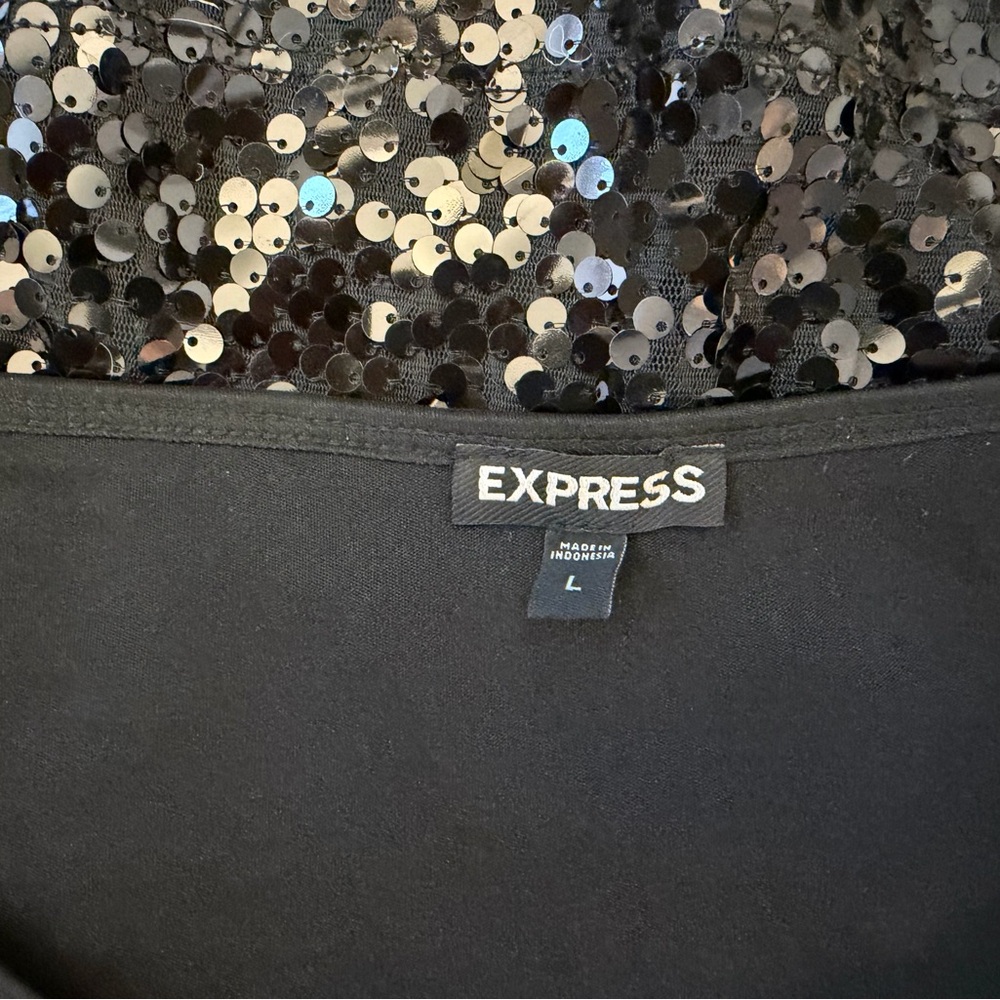 Express Black Sequin Mini Skirt Large L Y2K Short Disco Party Club - Picture 2 of 3